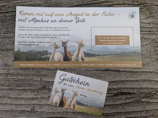 Geschenk Gutschein für eine Alpakawanderung - Versand per Post
