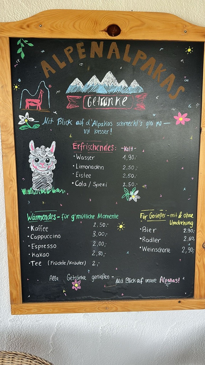 Getränkekarte bei Alpenalpakas in Lechbruck / Allgäu